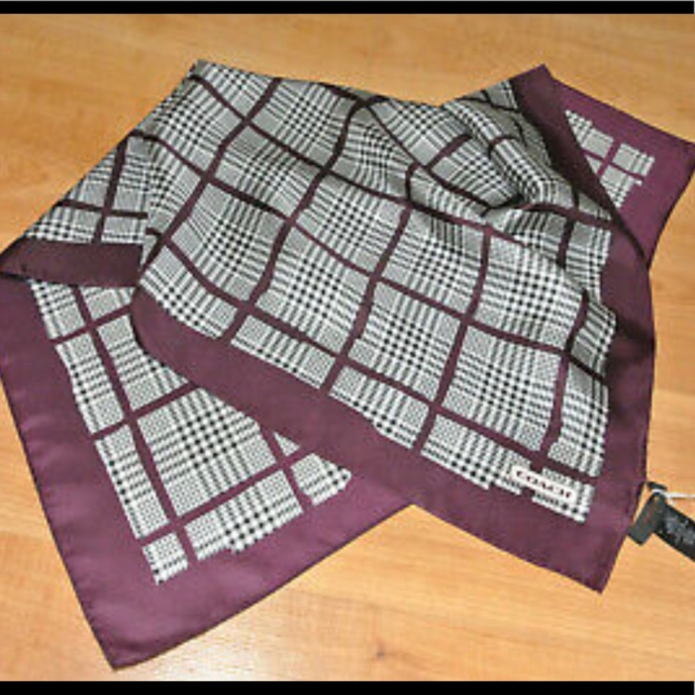 COACH SCARF PEYTON GLEN PLAID 100% SILK, BURGUNDY